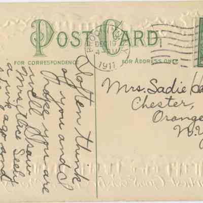 Address side of the "Heartiest Good Wishes for a Merry Xmas" postcard.: The image shows a vintage postcard dated December 19, 1911, featuring a green one-cent stamp on the right and handwritten cursive script across the majority of its surface. The postcard is addressed to Mrs. Sadie Hawkins of Chester, Orange County, New York, and includes a dedicated space for correspondence text that reads "Post Card." The handwritten message is densely populated with loops and flourishes, indicating a personal note filled with everyday news or greetings.