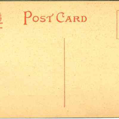 Address side of the "Presbyterian Church, Chester, N. Y." postcard.: The image shows the back of a vintage postcard with a beige background and brown speckles, featuring the words "POST CARD" printed in large red letters at the top center, and a red American News Company logo on the upper left corner with the inscription, "SPECIAL COLORS," along with place names including Leipzig, Dresden, and Berlin; there is a fine line dividing the postcard into two sections, and a red rectangular box on the right detailing postage information: "United States and Island Possessions Cuba, Canada and Mexico - one cent. For all other countries two cents.
