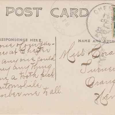 Address side of the "Durland's Store" postcard.: The image shows an old postcard featuring handwritten script on the left stating, "This is one of our general stores at Chester. I think anyone could almost buy anything here from a toothpick to an automobile. Remember me to all." On the right, it is addressed to Miss Cora Smith in Turner, Orange Co., New York and includes a one-cent postage stamp with a cancellation mark, dated October 12, 1907.