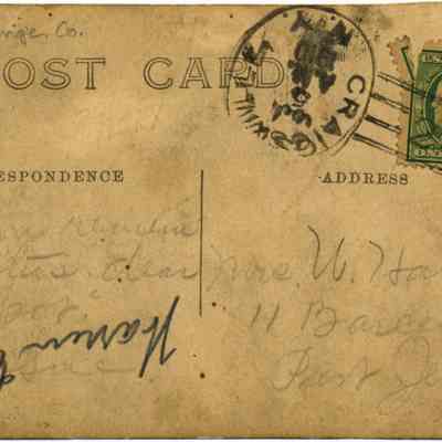 Address side of the "Craigville (N.Y.) School House" postcard.: The image shows an old postcard with a faded, handwritten message and address, featuring a postmark from Craigville, N.Y., and a one-cent U.S. postage stamp in the top right corner. The card is divided into sections labeled "CORRESPONDENCE" and "ADDRESS," where the writing is faint and partially obscured.