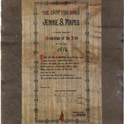 Jennie S. Mapes Guardian of the Fire For the Year 1916 certificate