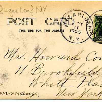 Address side of the "Glenmere Lake" postcard.: This image shows a vintage postcard addressed to Mr. Howard Conklin, postmarked 1905,