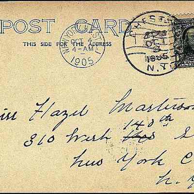 Address side of the "Lower Main St" postcard.: The address side of the "Lower Main St" postcard is addressed to Miss Hazel Masterson at 310 West 140th Street, New York City, NY, dated October 3, 1905, 4 PM. It features a clear postmark and a Benjamin Franklin green one-cent stamp at the top right corner. The card's upper half has the heading "POST CARD" with an indication that the side is reserved for the address.