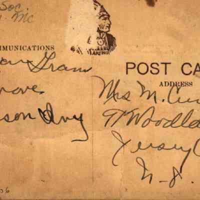 Address side of the "Presbyterian Church, Chester, N. Y." postcard.: The image shows a vintage postcard with a handwritten message addressed to "Mrs. M. Curtin, 9 Woodlawn Ave, Jersey City, N.J." The front side is filled with cursive writing and features postage information specifying "1c. for United States and Canada 2c. for abroad." The postcard is labeled "POST CARD" with a section titled "COMMUNICATIONS" and an Artino logo depicting a Native American figure.