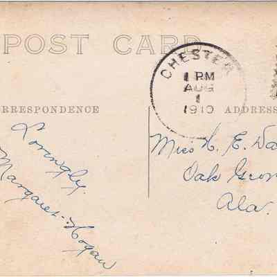 Address side of the"Where Memory Lingers - Oxford Depot, N.Y." postcard.: The address side of this postcard, dated August 1, 1910, features a postmark and a green one-cent U.S. postage stamp. The postcard has handwritten blue ink text, primarily in the correspondence section, and it is addressed to "Miss H. E. Davis, Oak Grove, Ala." The postcard design includes headings marked "POST CARD," "CORRESPONDENCE," and "ADDRESS," which are typical of early postcards.