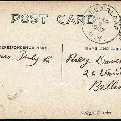 Reverse of Down on the Farm, Sugar Loaf N. Y. post card.: This image shows a vintage postcard from 1907 featuring a worn appearance with handwritten text and a green one-cent stamp. The left side of the postcard reads "CORRESPONDENCE HERE" followed by the message "Yours Truly Pa", while the right side is designated for the recipient's name and address, filled with "Percy Davenport, 26 Union Av, Belleville, N.J." The postmark from "SUGAR LOAF, N.Y." dated Sep 8, 1907.