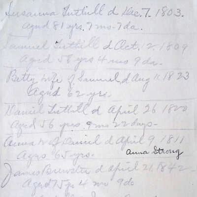 Click on image above to open.: The image displays a handwritten document listing names, dates, and ages. It appears to be documenting births and deaths. For example, the first entry reads "Susanna Tuthill d Dec. 7 1803 aged 81 yrs. 7 mos 7 da." Various other entries note similar information, specifying people's names followed by dates which could be of death and corresponding ages at that time. Some names mentioned include Samuel Tuthill, Betty, and Daniel, among others. The script is in cursive writing and has an old-fashioned appearance, suggesting a historical record.