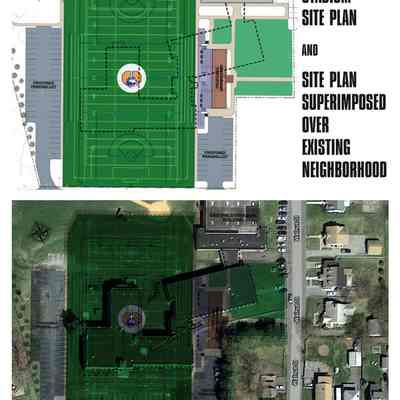 "Vote No" flyer verso: The image consists of two sections: the upper part is a proposed stadium site plan with labeled areas for existing gymnasium buildings, parking lots, and other facilities, while the lower section shows this site plan overlaid on a satellite image of the existing neighborhood, highlighting streets, buildings, and infrastructure like Maple Ave and Chester Learning Center to illustrate the spatial relationship and potential impact of the construction.