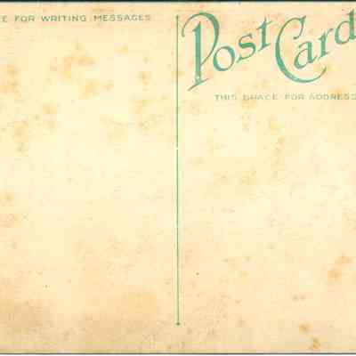Address side of the "Elm Cote, Chester, N. Y." postcard.: The image depicts the back of a vintage postcard with a yellowed appearance, featuring faint brown spots indicative of age, and it includes sections designated for a message and an address, as well as a marked area for a postage stamp; the text "Post Card" is displayed prominently in the upper right corner in green lettering, with the phrase "This Space for Writing Messages" above the message section and "This Space for Address Only" below the address section, while along the left edge, "D. 13761 Pub. by Geo W. Ball, Chester, N. Y."