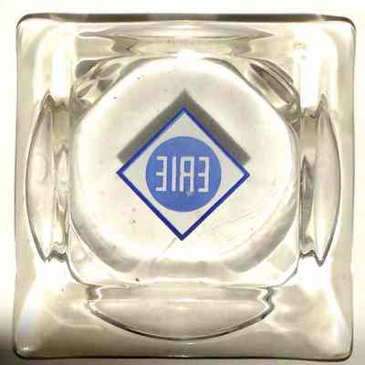 Erie RR Ashtray - bottom: Bottom of a square glass ashtray features an inverted blue diamond with "ERIE."