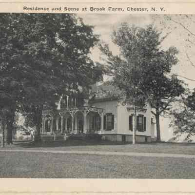 Residence & Scene at Brook farm.: The image depicts a grand residence surrounded by lush greenery at Brook Farm, Chester, N.Y.