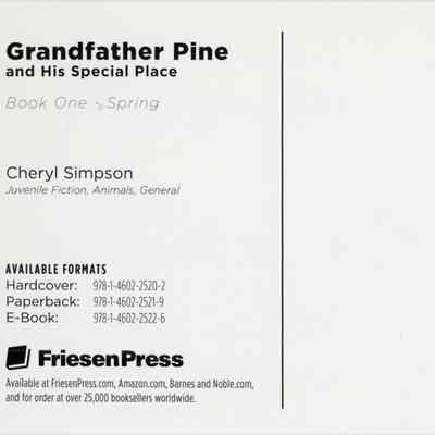 Grandfather Pine and His Special Place postcard - back: The image shows a book titled "Grandfather Pine" by Cheryl Simpson with available formats and ordering information.