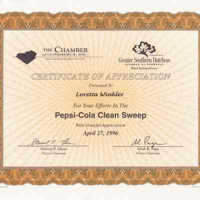 Loretta Winkler - Pepsi-Cola Clean-Sweep Certificate