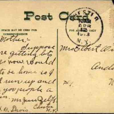 Address side of Chester National Bank, Chester, N. Y. postcard.: The image depicts a vintage postcard with a postmark from Chester, dated April 12, 1913. The card is addressed to Mrs. Elbert Ours in Andover, N.Y. On the left side, there's a handwritten message expressing a wish from the sender, Mr. Jesse Gelfs[?], c/o H.B. Davis, to visit and catch up with the recipient.