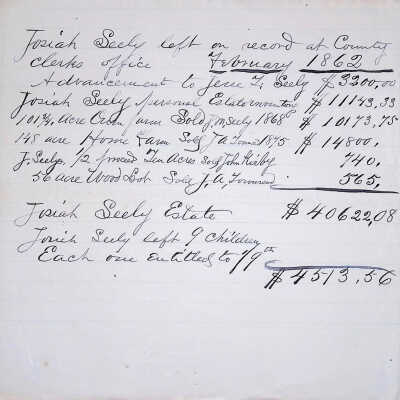 Click on image above to open.: The image displays a handwritten record documenting financial transactions and property dispositions associated with the Josiah Seely Estate in February 1862. It notes that Josiah Seely left on record at the County Clerk’s Office the advancement to Jesse M. Seely of $3,200, and summaries of other significant financial details pertinent to his personal estate, including sales of cotton, farm land, and meadows, with monetary figures attached to each item. The document also mentions that Josiah Seely left 9 children, each entitled to a specific portion of his estate, quantified at the bottom of the page with grand totals. The handwriting is elegant, with a classic style, using a fountain pen which lends an historical character to the document.