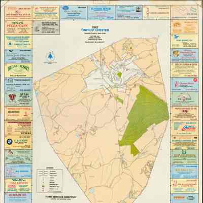Town of Chester, Orange County, New York 1992 Map side: The map shows the Town of Chester, New York, including roads, buildings, parks, and business card sized ads for local businesses keyed to the map.