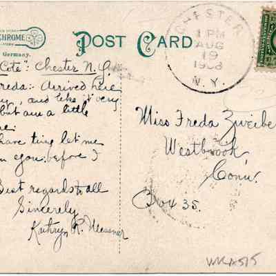 Address side of the "High Street, Chester, N.Y." postcard.: The address side of this vintage postcard from 1908, addressed to Miss Freda Zweibel in Westbrook, Conn. The message is handwritten and mentions the sender's arrival in Chester, N.Y., feeling slightly lonesome. The postcard features a green one-cent stamp with Benjamin Franklin and is marked with a postal stamp from Chester, N.Y., dated August 19, 1908. The card also includes printed details identifying it as printed in Germany.