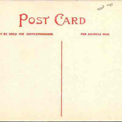 “Onion Meadows, Chester, N.Y.” Back: The image shows a vintage postcard with a plain, unobstructed design primarily in pale pink with red text. The top area of the postcard prominently displays the word "Post Card" in an elegant, bold red font. To the right, there is a designated box with the inscription "Place Stamp Here," indicating specific postage costs: "Domestic One Cent, Foreign Two Cents." The left side of the postcard mentions that the space can be used for correspondence, whereas the right side is reserved solely for the address. Furthermore, at the bottom left corner, there is a note stating "68047 Tichenor & Rudolph, Middletown, N.Y. Made in Germany." This postcard reflects a classic early 20th-century style, commonly used for efficient written communication.