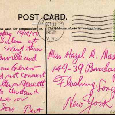 Address side of the " First Presbyterian Church, Church, New York" postcard.: The image shows a vintage postcard dated Thursday, October 19, 1950, addressed to Miss Hazel N. Masterson in Flushing, Long Island, New York. The message, written in cursive pink ink, details the sender's travel plans and personal observations, mentioning a sighting of Lyman Gerow. A one-cent George Washington stamp and a postal cancellation mark from Chester, NY, are visible on the right-hand side.
