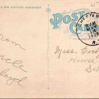“Lawrence Creamery Plant, Chester, N.Y.” Back: The image shows the back of an old postcard, primarily tan in color, featuring handwriting and postal markings. The left part of the postcard includes cursive handwritten text that reads "from Uncle Lloyd," suggesting that this postcard was sent by an uncle named Lloyd. A vertical divider occupies the center of the card, carrying the word "POST CARD" in stylized, attractive blue and teal lettering which emphasizes the bold print with the word "QUALITY" running vertically. Towards the top right, the postcard is stamped with a red 2-cent U.S. postage stamp, featuring an image of George Washington. The stamp is postmarked with the date "May 14, 1929," and the cancellation mark hails from "CHESTER," as visible from the partially obscured text. The main address area on the right is directed to a "Miss Evelyn [?]," located at "Howes Cave," in "Sche. Co., NY," indicating Schenect