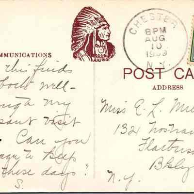 “Chester, N.Y. Where Neufchâtel Cheese is Manufactured” Back: The image displays a vintage postcard from 1909, featuring handwritten cursive text on the left side and the mailing address on the right. It includes a red ink stamp depicting a Native American head profile, labeled "Artino," and a green one-cent Benjamin Franklin U.S. postage stamp. The postmark from Chester, dated "AUG 10 1909” is clearly visible over the green stamp. The text expresses the sender's hope that the recipient is well and mentions a pleasant visit, concluding with well-wishes for warm days. The postcard is addressed to Miss E.K. Miller in Flatbush, Brooklyn, New York.
