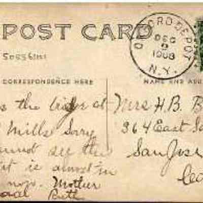 Address side of A Suburban Drive postcard.: This image shows an old postcard, with a green one-cent stamp featuring George Washington, dated July 98, 1906, postmarked from Oxford Depot, NY. The handwritten message mentions the card being of Bull's Mill and addresses Mrs. H.B. Bell in San Jose, California.