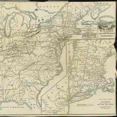 American Railway Guide for the United States: This image depicts a detailed circa 1848 vintage railway map of the Eastern United States, highlighting major cities and rail lines.