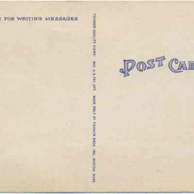 Main Entrance, Address side of the "Convent of Our Lady of the The Blessed Sacrament, Broadlea, Goshen, N.Y." postcard.: The image shows a blank vintage postcard with printed guidelines for messages and a stamp placement.