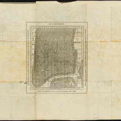 American Railway Guide for the United States reverse.: The image shows a circa 1848 map of mostly lower Manhattan, New York City, emphasizing detailed street layouts and geographical features.