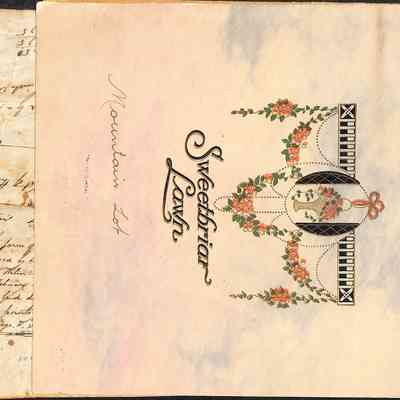 "Mountain Lot" cover: The image shows the decorative pad cover titled "Sweetbriar Lawn," with floral designs closed over the 1824 map of the farm of Seth Marvin Jun'r.