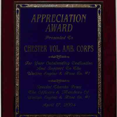 Appreciation Award To Chester Vol. Amb. Corps from Walton Engine & Hose Co. #1