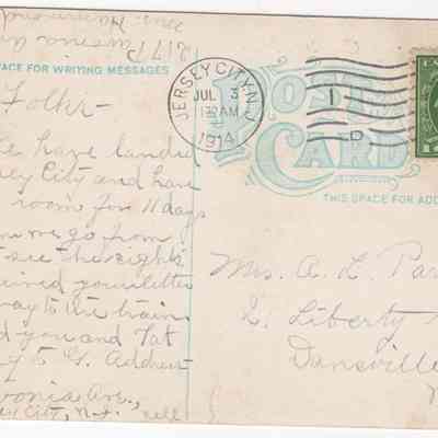 Message to Mrs. A. L. Parker, Dansville N.Y.: The postcard from 1914 features a handwritten message and a green one-cent U.S. postage stamp.