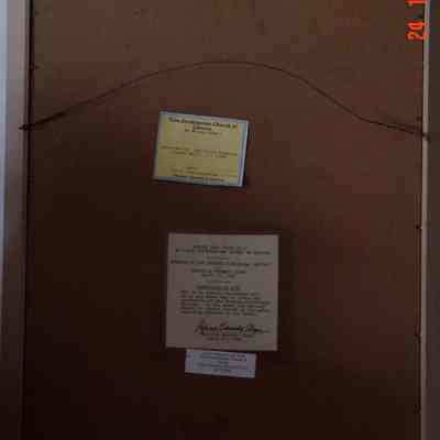 First Presbyterian Church of Chester reverse: The backside of a framed artwork shows donation details and instructions from 1985.