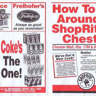 Welcome to the "New" ShopRite of Chester Mall flyer reverse.: The advertisement promotes ShopRite featuring Nabisco products, Freihofer's, and Coca-Cola beverages.