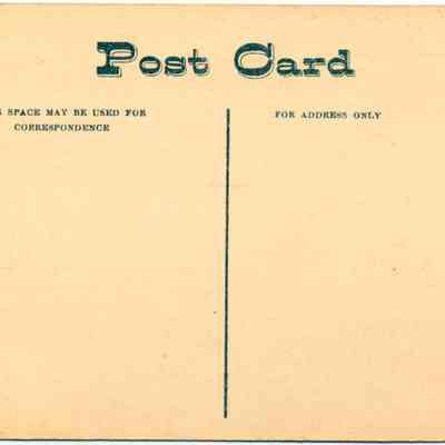 Address side of the "Grange Store, Chester, N. Y." postcard.: The image shows the back of a vintage postcard with the large words "Post Card" at the top, a space for correspondence on the left, and an address section on the right. There is a dotted rectangle in the upper right corner indicating where to place a stamp, with rates listed as "United States and Canada One Cent, Foreign Two Cents." A small emblem with a bird above the word "REGIMUS" is in the top left corner, and printed along the left vertical edge, "1019 Publishers, Thompson's Pharmacy, Chester, N. Y. Made in Germany."
