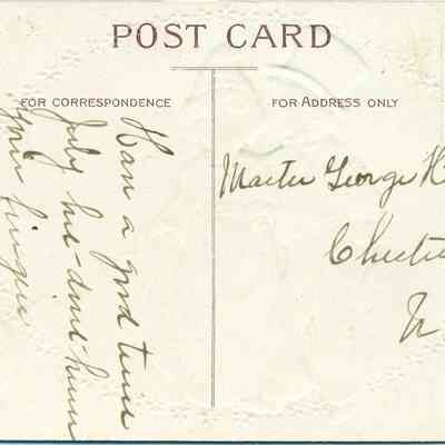 Address side of the "The Day we celebrate!" postcard.: The image depicts an antique postcard with a one-cent U.S. postage stamp featuring a profile of a historical figure, possibly from the early 20th century. The card, printed by the International Art Publ. Co. in Germany, is addressed to "Master George Hawkins" in Chester, N.Y. A handwritten message on the left side reads, "Having a good time at the shore. Many fine regards," signed by Aunt Stella. The card is divided into sections labeled "For Correspondemce" and "For Address Only."