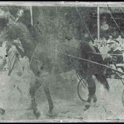 The Ambassador print plate - Image shown inverted.: The image depicts the 1942 print plate for "The Ambassador," with Ben White at the reins, with the image digitally inverted and levels adjusted to reveal the photograph, capturing a horse harness racing scene, featuring a horse pulling a sulky, which is a lightweight two-wheeled cart, occupied by a person wearing a cap and racing attire, with spectators visible in the background; the entire composition evokes a nostalgic glimpse into this sporting event from 1942.