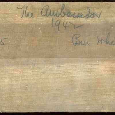 The Ambassador print plate - reverse: The image shows a wooden board with handwritten text: "The Ambassador 1945 Ben White 205"
