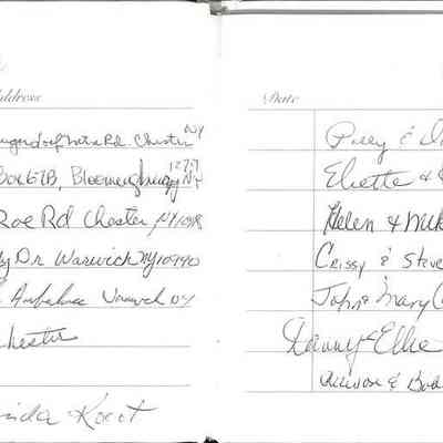05 Guests: This is a guestbook page with handwritten entries including guests' names, addresses, and the date .