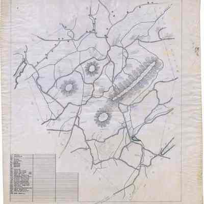 Town of Chester Map, circa 1920.: The image features an old, detailed map with handwritten text, depicting various roads, mountains, and geographical features.