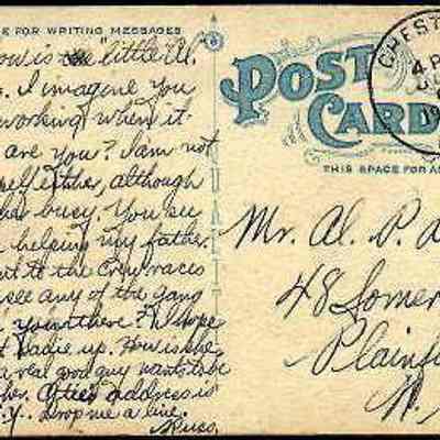 Address side of the "The Erie Station, Chester, N. Y" postcard: The image is an old postcard featuring handwritten text and a one-cent stamp on the right corner. It's addressed to Mr. Al P. Doty in Plainfield, NJ, and contains a message mentions hot weather and trying to visit 'the gang.' The postcard is stamped in Chester, N. Y., indicating it was sent from there. The script is dense, filling up the entire message space, showing the personal nature of early 20th-century communication.