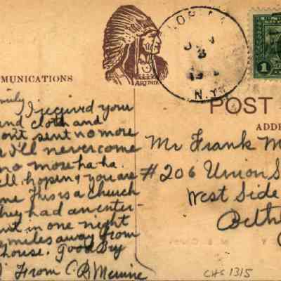 Address side of the "M. E. Church, Chester N.Y." postcard.: The image shows an old postcard featuring a handwritten message, "Communications" printed at the top left along with a one-cent green stamp on the right that features Benjamin Franklin. An ink stamp with the date and time further decorates the stamp area. Part of the address is also visible, directing the card to Mr. Frank Mervine in Bethlehem, Pennsylvania. The card is filled with a personal message and includes the printed graphic of a Native American head, the logo of Artino Post Cards.