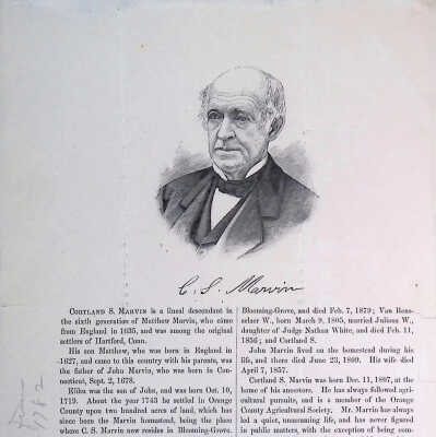 Click on image above to open.: The image features a black-and-white portrait of an elderly man with the caption "C. S. Marvin". He appears distinguished with his hair trimmed neatly and a prominent dark bow tie complementing his dark suit. His expression is serious and contemplative. Below the portrait, there is an extensive text describing the lineage and biographical details of Cortland S. Marvin, tracing back to Matthew Marvin, an original settler of Hartford, Connecticut. The text outlines the lives of several generations, highlighting their professions, significant life events, and contributions to society, especially within agricultural sectors and public service. The narrative emphasizes family heritage, agricultural pursuits, and community involvement, portraying a rich and detailed family history rooted deeply in American colonial and post-colonial life.