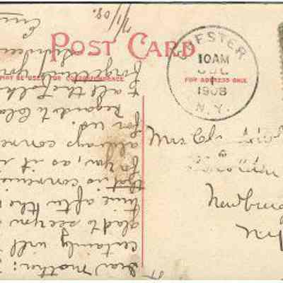 Address side of the "High School, Chester, N. Y." postcard.: The image depicts an old postcard with handwritten cursive text filling its message side. It features a green one-cent stamp with a profile portrait, placed in the top right corner. The postcard was stamped and postmarked in Chester, NY, dated July 1, 1908. The card is addressed to Mrs. Claude Whited in Newburgh, New York.