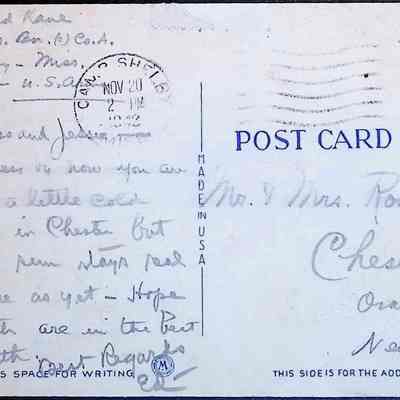 Address side of the "Public library, Hattiesbuerg, Mississippi" postcard.: The address side of this postcard was addressed to Mr. & Mrs. Rose Miller in Chester, New York, from Pvt. Edward Kane who was stationed at Camp Shelby, Mississippi. The postcard, postmarked November 20, 1942, includes a personal message hoping the recipients are in good health and mentioning the chilly weather. "Free" is written in the postage box. The postcard is marked "Made in USA" and has a faded blue ink