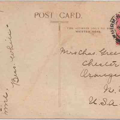 Address side of the "Guy Cfill's Mill, near Warwick" postcard.: This image displays an old postcard addressed to Mrs. Chas. Green of Chester, Orange Co., N.Y., USA, featuring a red two-cent postage stamp and a handwritten note indicating a lovely time was had, dated July 2, 1907.