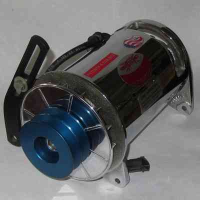 Power Mite - Vehicle mounted AC generator 120 volts AC , 3500 watts: The image shows a metallic electrical generator with several labels and a blue pulley on the left.