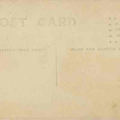 Address side of the "Village car parked street side" postcard.: The image shows a vintage blank postcard with designated areas for correspondence, a stamp, and the recipient's address.