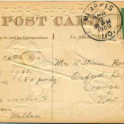 Address side of the "Easter Greeting" postcard.: The image depicts a vintage postcard with a stamp and postmark from Memphis dated April 8, 1909, addressed to Mr. William Roe in Oxford Depot, Orange County, New York. The handwritten message humorously warns against eating too many eggs, noting their price as 18 cents per dozen, and concludes with best wishes from someone named Wallace. The postcard features embossed images and is designed for correspondence, indicating its use for sharing brief notes or greetings during that time period.