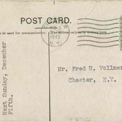 Address side of the "First Presbyterian Church, Chester, N. Y." postcard.: The image displays the reverse of this vintage postcard dated December 3, 1943, with a postmark from Chester, NY. It features a green "Industry-Agriculture For Defense" stamp and is addressed to Mr. Fred H. Vollmer in Chester, NY. The left side of the postcard has a faded printed message about scheduling a Lord's Supper event.
